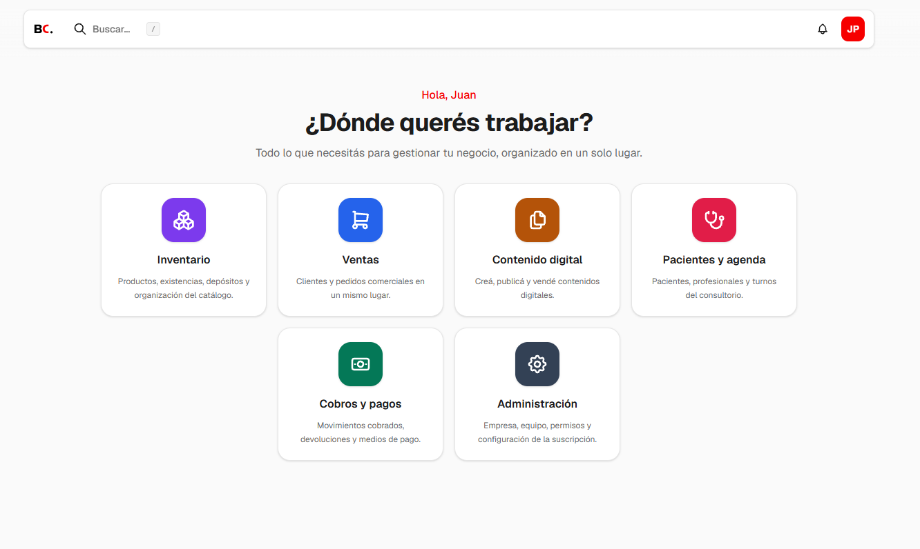 Selector de módulos disponibles para una empresa en BeanCore