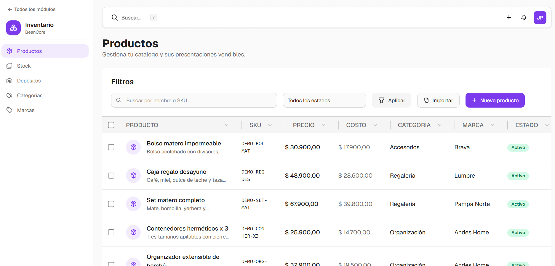 Catálogo de productos del módulo Inventario con filtros, categorías, marcas y precios