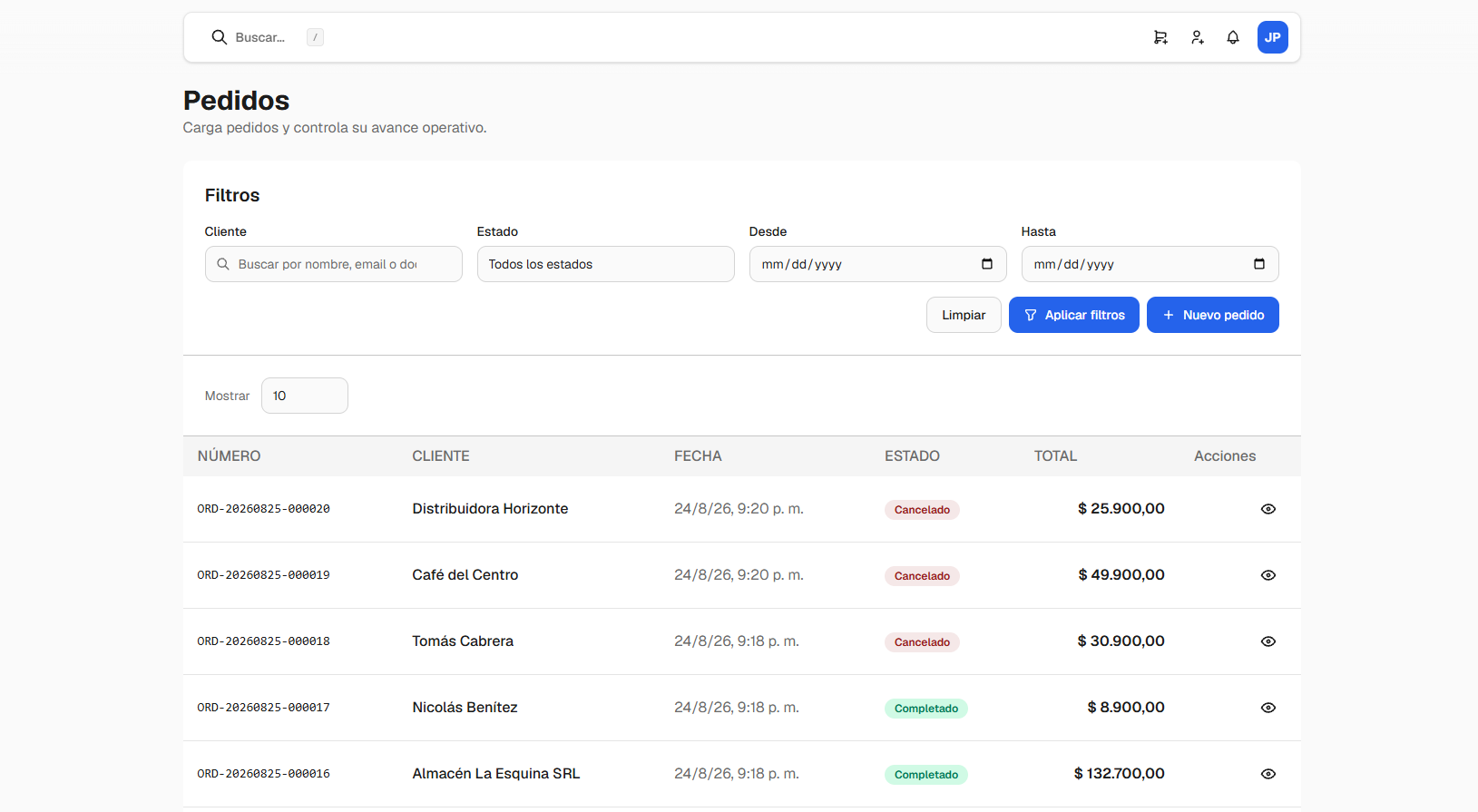 Listado de pedidos con filtros, estados y acceso al detalle