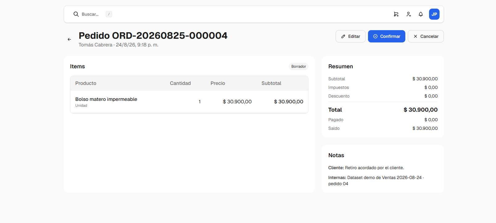 Detalle de un pedido en borrador con sus ítems, resumen y acciones disponibles